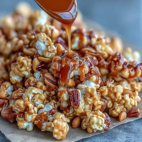 Crispy popcorn mix with peanuts and caramel, perfect for baseball season snacking.  