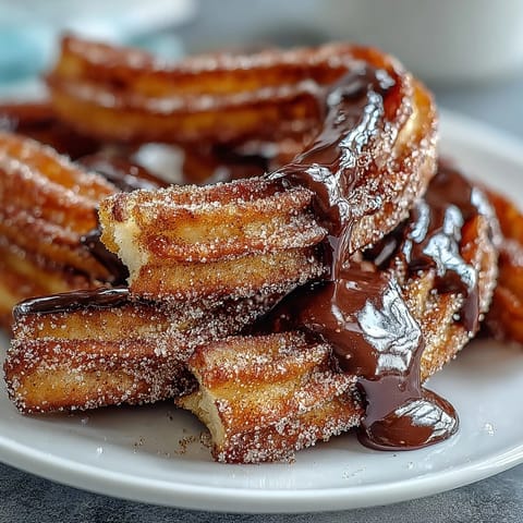 Crispy cinnamon sugar churro bites, golden and warm, served with a velvety chocolate dipping sauce for a festive Cinco de Mayo dessert.