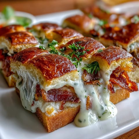 Warm sliders with turkey, bacon, and creamy Mornay sauce on buttery brioche buns, topped with fresh parsley.  