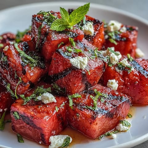 Grilled watermelon salad with feta and mint, juicy wedges charred to perfection, topped with creamy cheese and fresh herbs.
