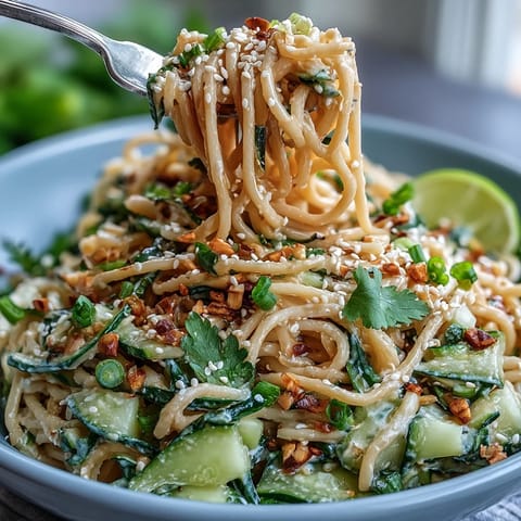 A vibrant Cold Sesame Noodle Bowl with cucumber, carrots, and herbs in creamy sesame sauce.