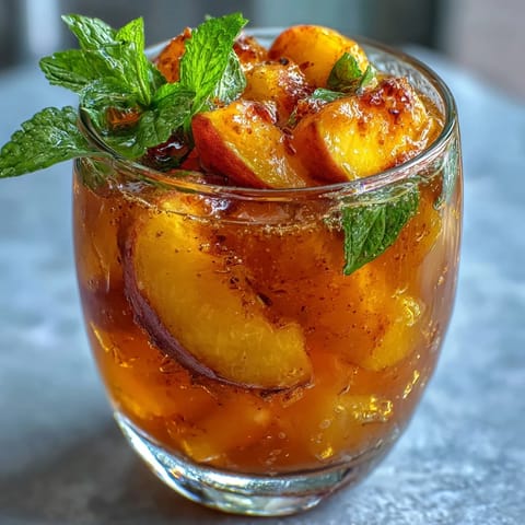 1. Vibrant mango peach sparkling tea with fresh fruit slices and mint, served over ice for a refreshing summer sip.  