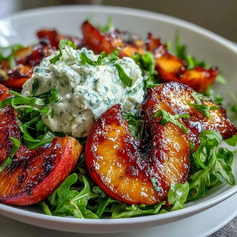 Vibrant grilled peaches paired with creamy burrata and fresh arugula, drizzled with honey for a luscious summer salad.