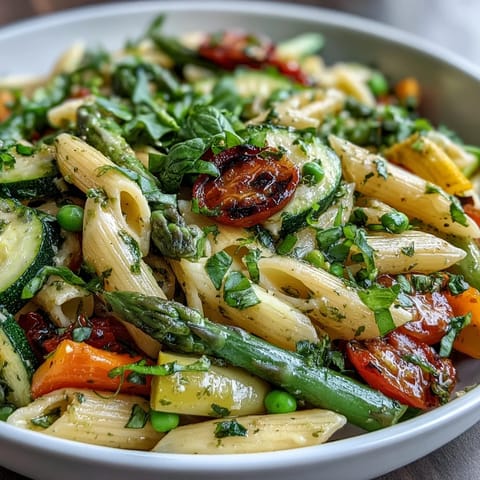 Colorful Spring Pasta Primavera with Fresh Veggies, featuring tender penne and crisp seasonal vegetables in a light lemon-herb sauce.