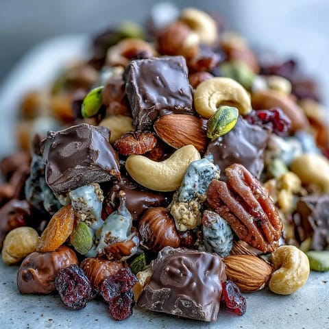 Homemade Trail Mix with Dark Chocolate featuring crunchy almonds, cashews, and sweet dried fruits, perfect for an energizing snack.