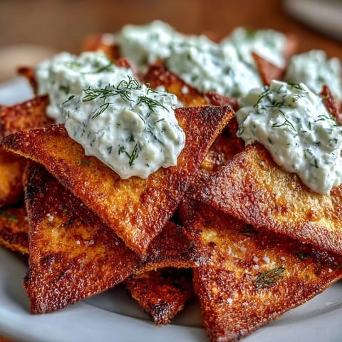 Crispy homemade pita chips with creamy tzatziki, a perfect Mediterranean snack for warm summer days.