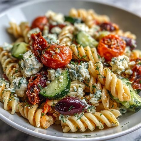 Summer Pasta Salad: Greek Style with Olives and Feta, a colorful medley of juicy tomatoes, crisp cucumbers, and briny olives tossed with creamy feta.  