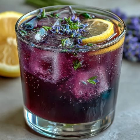 Vibrant purple lavender lemonade refresher with fresh lemon slices and sprigs of lavender, perfect for a cooling summer drink.