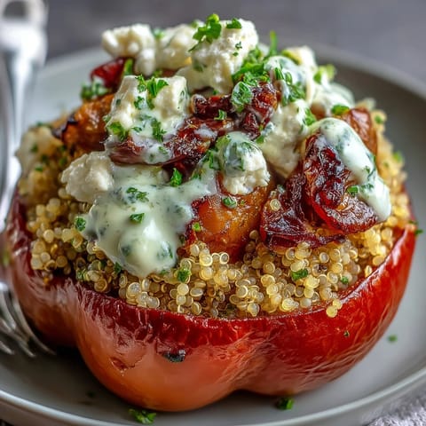 Hearty vegetarian quinoa stuffed bell peppers filled with roasted zucchini, tomatoes, and herbs, topped with tangy goat cheese.  