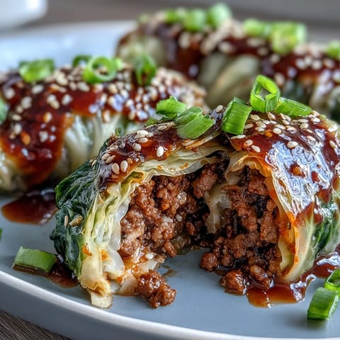 Savory Korean Cabbage Rolls stacked neatly, tender leaves embracing seasoned ground beef.
