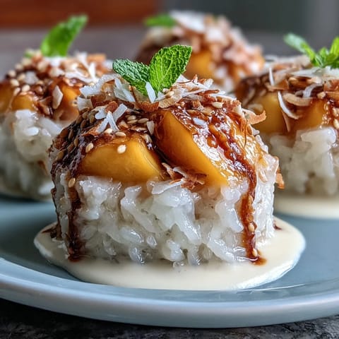 Silky coconut sticky rice topped with fresh mango slices in individual dessert cups, garnished with toasted sesame seeds.