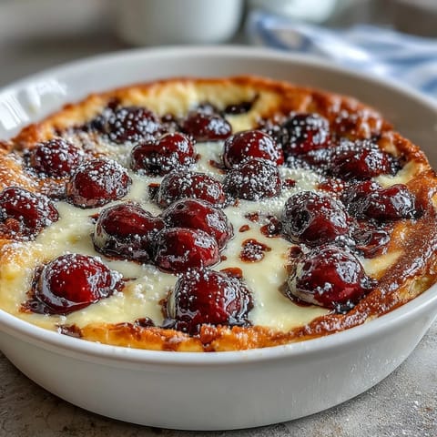 Fresh cherry clafoutis with vanilla bean, golden and puffed, cherries peeking through custard.  