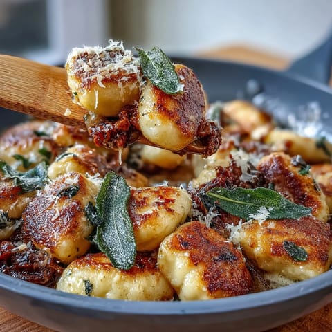 Golden pan-fried gnocchi tossed in nutty brown butter with crispy sage leaves, topped with Parmesan and lemon zest.
