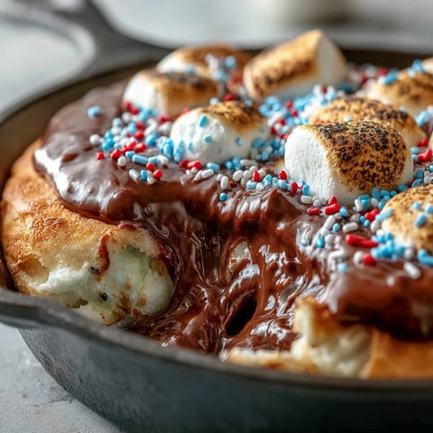 Festive 3-ingredient 4th of July S'mores Dip, golden marshmallows over melted chocolate.