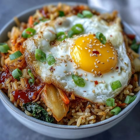 Flavorful Fermented Cabbage Kimchi Fried Rice Bowl with vibrant green onions and carrots.