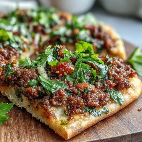 Crispy Turkish Lahmacun featuring savory lamb, sumac, and fresh herbs.