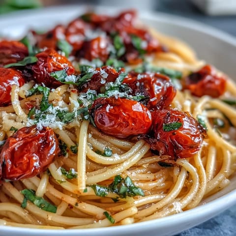 Cherry tomato confit pasta with garlic oil, a vibrant burst of summer flavors.