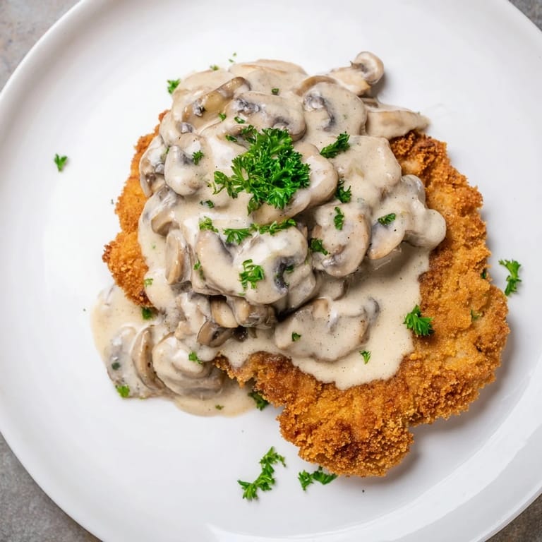 A close-up of a tender Jaeger Schnitzel, generously covered in a rich mushroom and onion sauce.