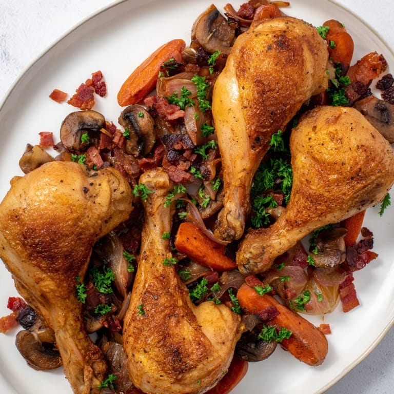 Fragrant Budget Coq au Vin Style Chicken Drumsticks featuring tender chicken and savory bacon bits.