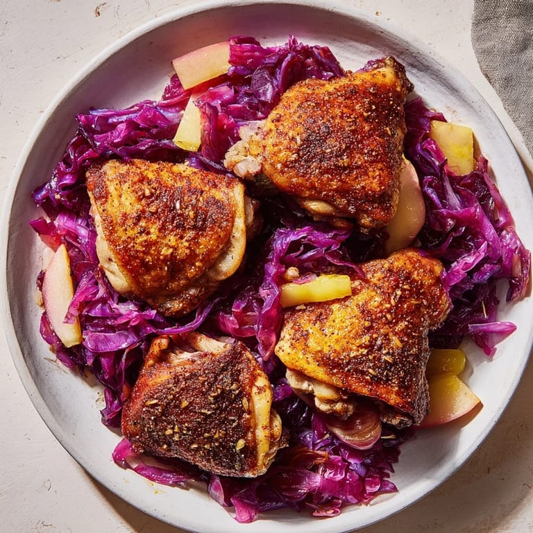 A close-up reveals the glistening skin of the Oktoberfest Chicken, surrounded by tender cabbage and apples.