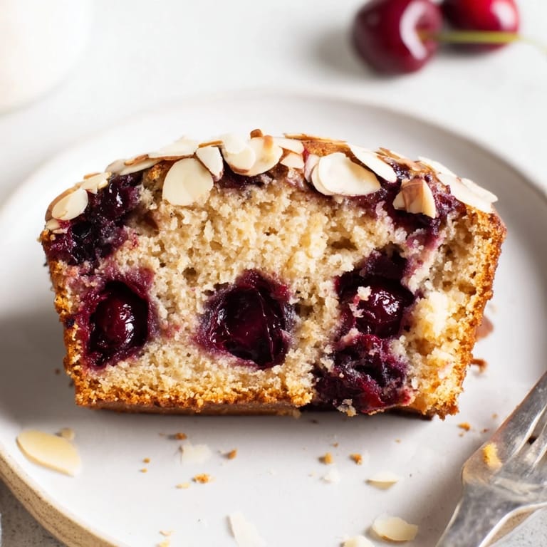 The freshly baked Cherry Almond Loaf Cake has a moist crumb and rich, almond flavor.