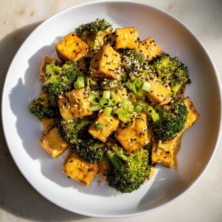 Steaming hot bowl of Cheesy Baked Tofu and Broccoli, featuring sesame ginger sauce and fresh herbs.