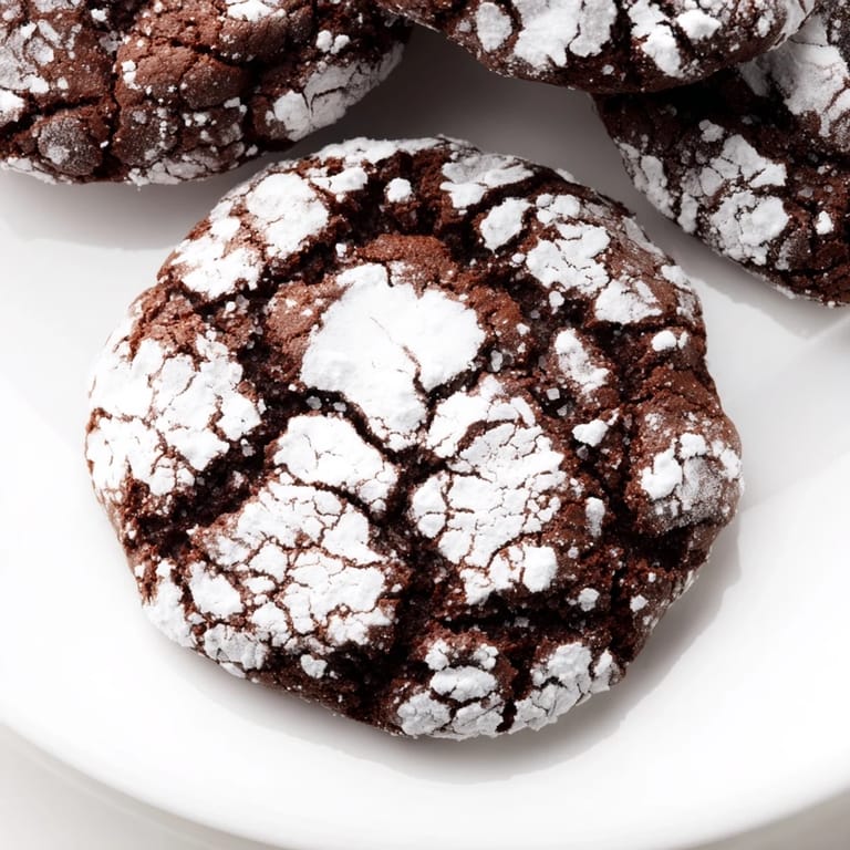 Close-up of freshly baked Chocolate Crinkle Cookies, smelling of rich cocoa and vanilla bean.