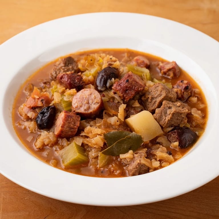 A steaming bowl of Babcias Secret Bigos: the rich, savory flavors of Polish comfort food.
