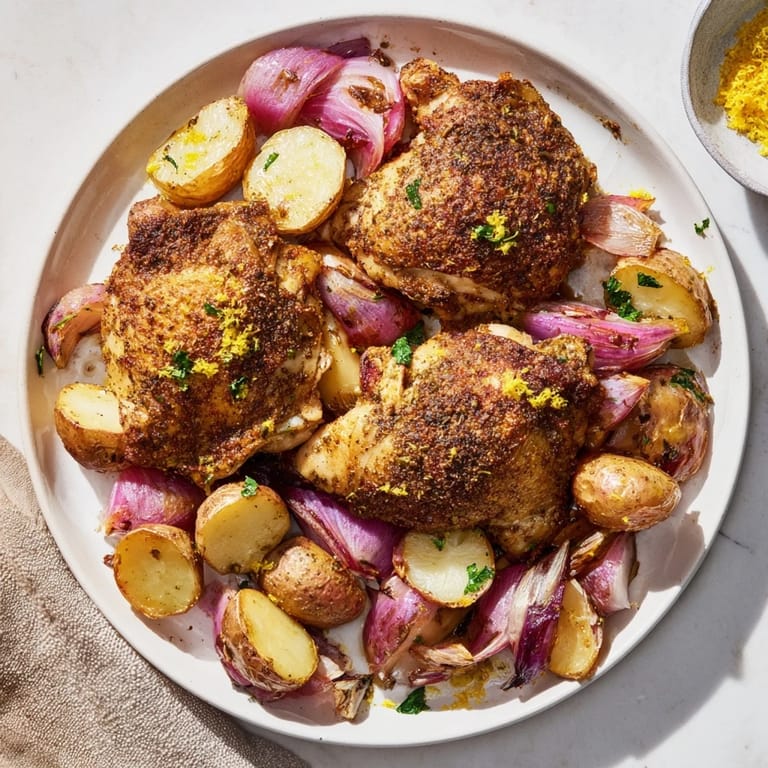 Tender, roasted Pan-Roasted Zaatar Chicken with crispy potatoes and a vibrant sprinkle of fresh parsley.