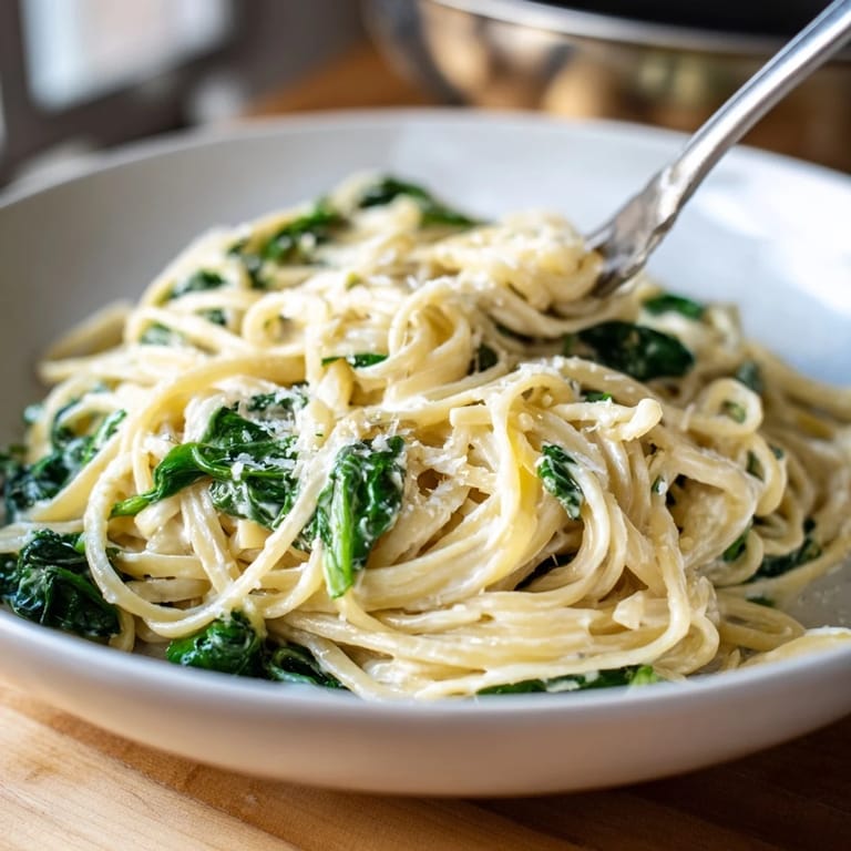 Bright green spinach and velvety sauce coat the Creamy Greek Yogurt Spinach Alfredo Pasta noodles.