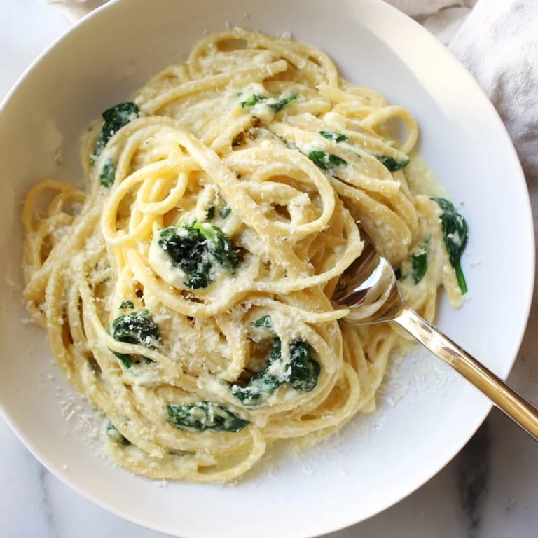 This decadent Creamy Greek Yogurt Spinach Alfredo Pasta dish uses healthy Greek yogurt for a satisfying meal.