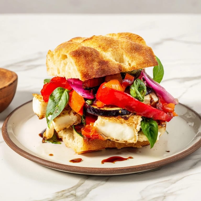 Mouthwatering Sheet-Pan Roasted Veggie Caprese Grilled Cheese boasting colorful roasted vegetables and fresh basil; perfection!