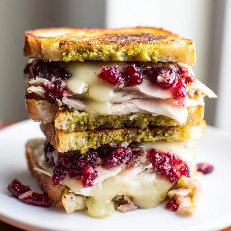 Close-up of a warm, perfectly toasted Pesto Cranberry Turkey Grilled Cheese Melt, sliced in half.