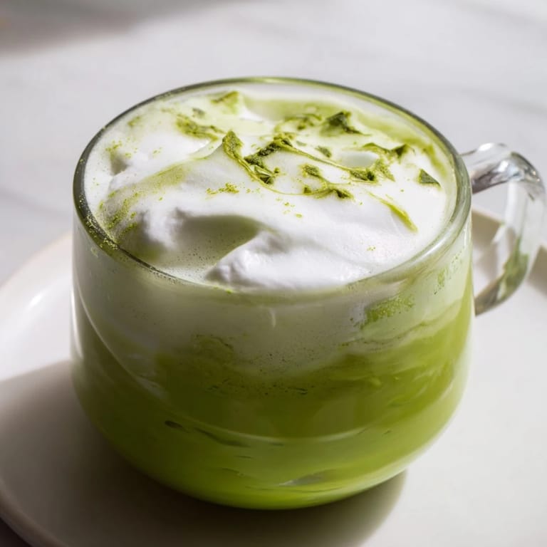 A freshly made Cozy Peppermint Matcha Christmas Latte topped with whipped cream and crushed peppermint.