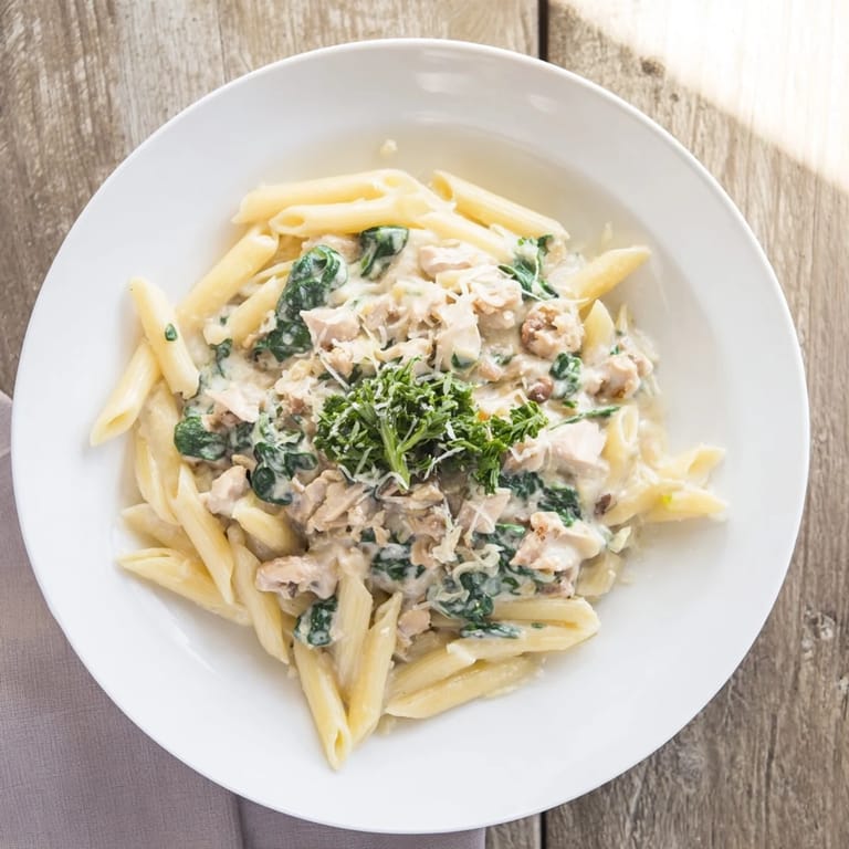 This One-Pot Creamy Spinach & Turkey Christmas Pasta bowl features a rich, cheesy sauce and tender turkey.