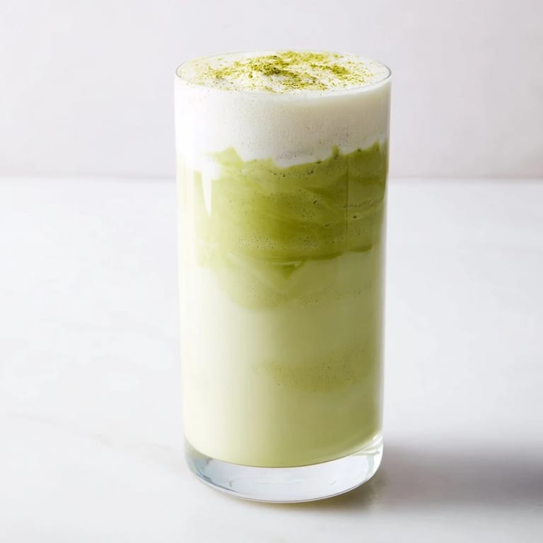 Frothy Matcha Eggnog Collagen Breakfast Smoothie beautifully blended and garnished with nutmeg for flavor.