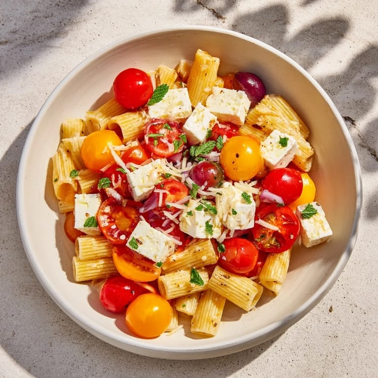 A close-up of creamy Baked Feta Snowfall Cherry Tomato Christmas Pasta, garnished with fresh basil and Parmesan.