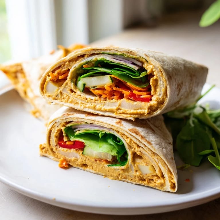 A close-up of a perfectly folded, colorful snowflake hummus and veggie wrap, ready to eat.