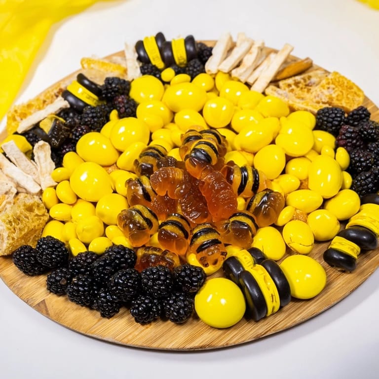 Beautifully arranged Bumblebee Candy Board boasts a medley of candies, honeycomb, and refreshing fruits.