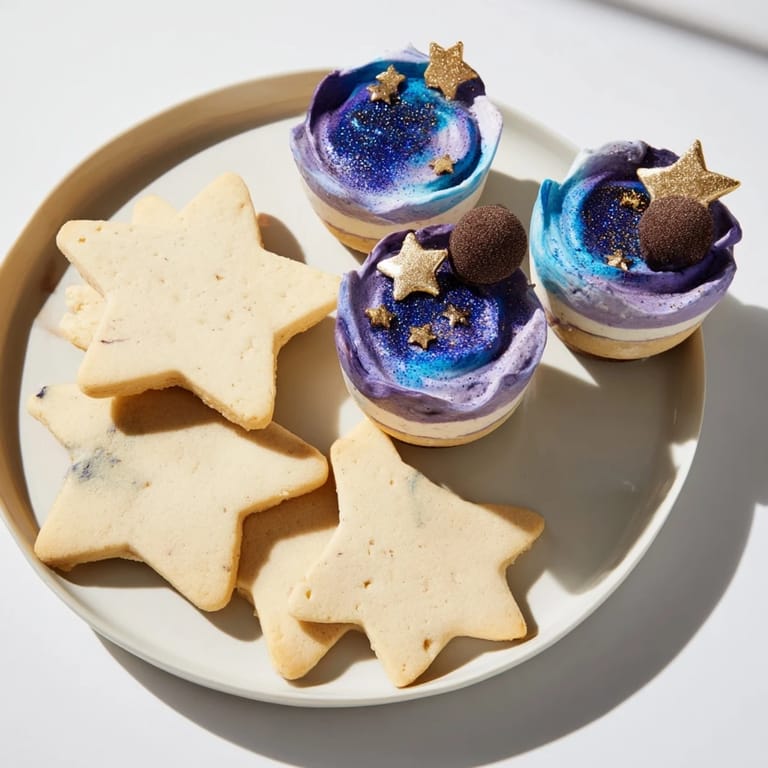 A beautifully arranged Stargazers Dessert Platter features shimmering comet truffles and colorful miniature desserts for a party.