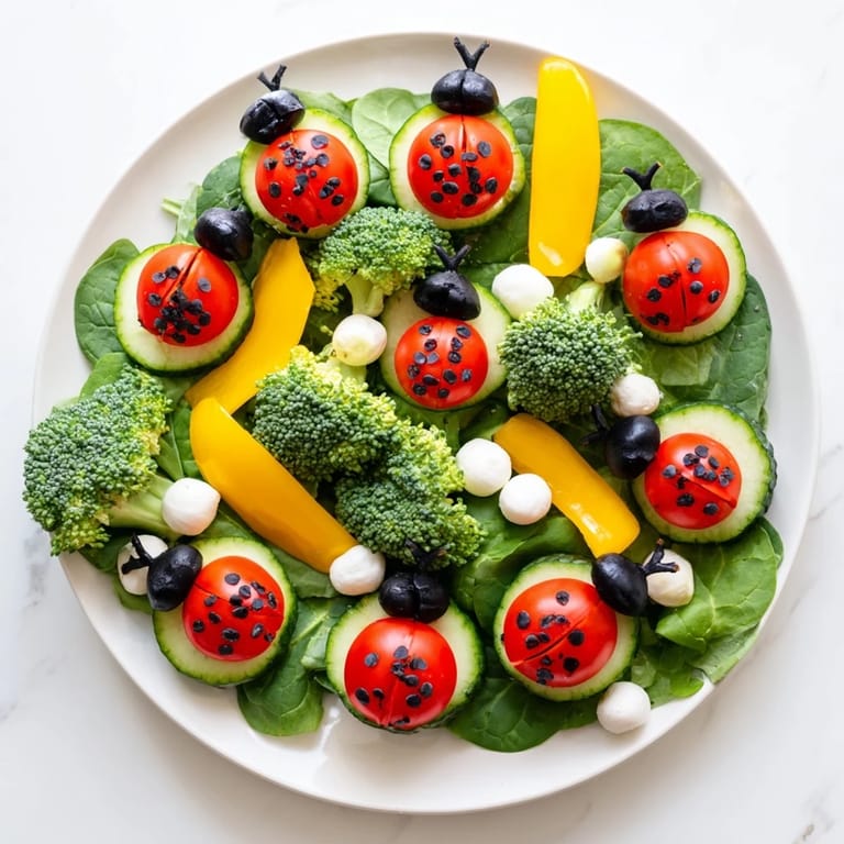Vibrant Ladybug Garden Platter with mozzarella and veggies, perfect for a picnic or party.