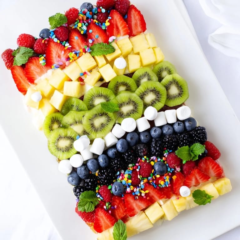 This Happy Birthday Cake Slice Fruit Board features vibrant fruits artfully arranged for a healthy and visually stunning presentation.