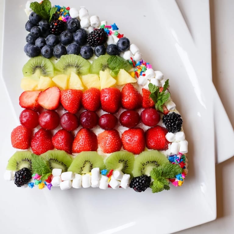See a close-up of the Happy Birthday Cake Slice Fruit Board, showcasing fresh fruit layers and sweet marshmallow frosting details.
