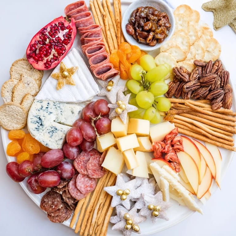 Beautifully arranged Shining Bright Christmas 2025 Board featuring assorted cheeses, charcuterie, and festive treats for guests.