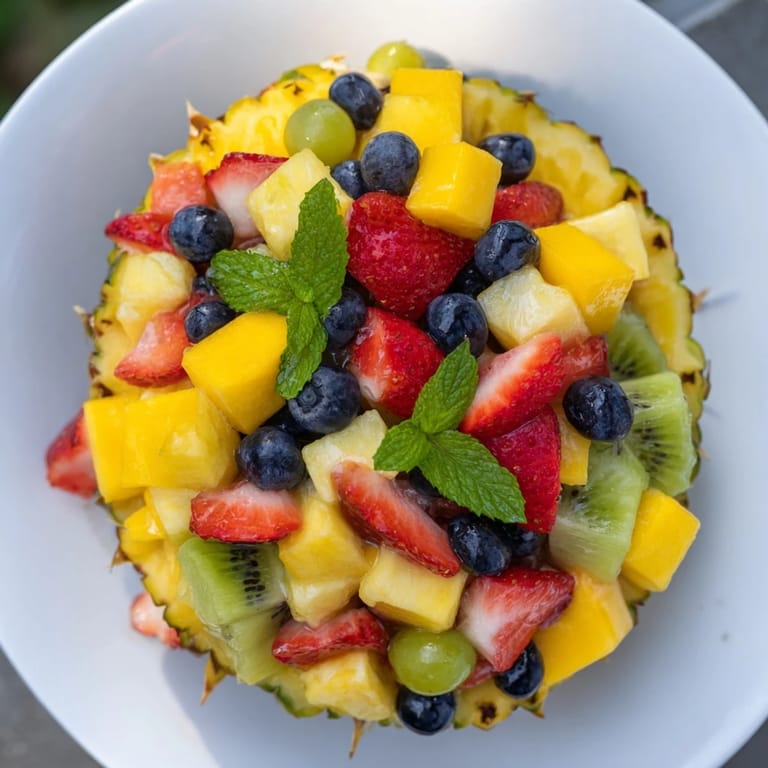 See the beautiful Tropical Pineapple Fruit Boat, a colorful arrangement of diced fruit and mint.
