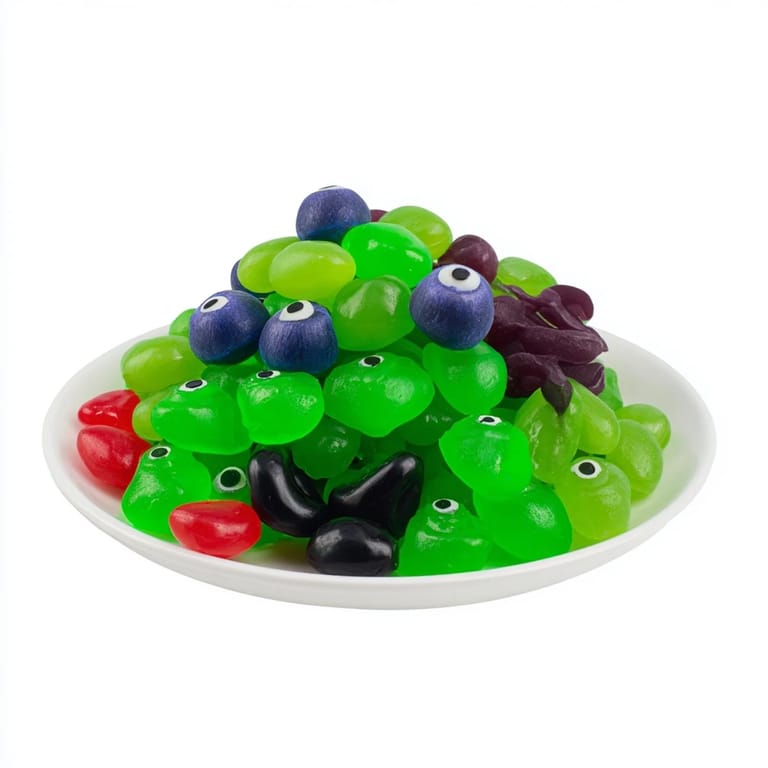 Vivid image: a delicious Poison Apple Candy arrangement with spooky eyeballs and shimmering glitter.