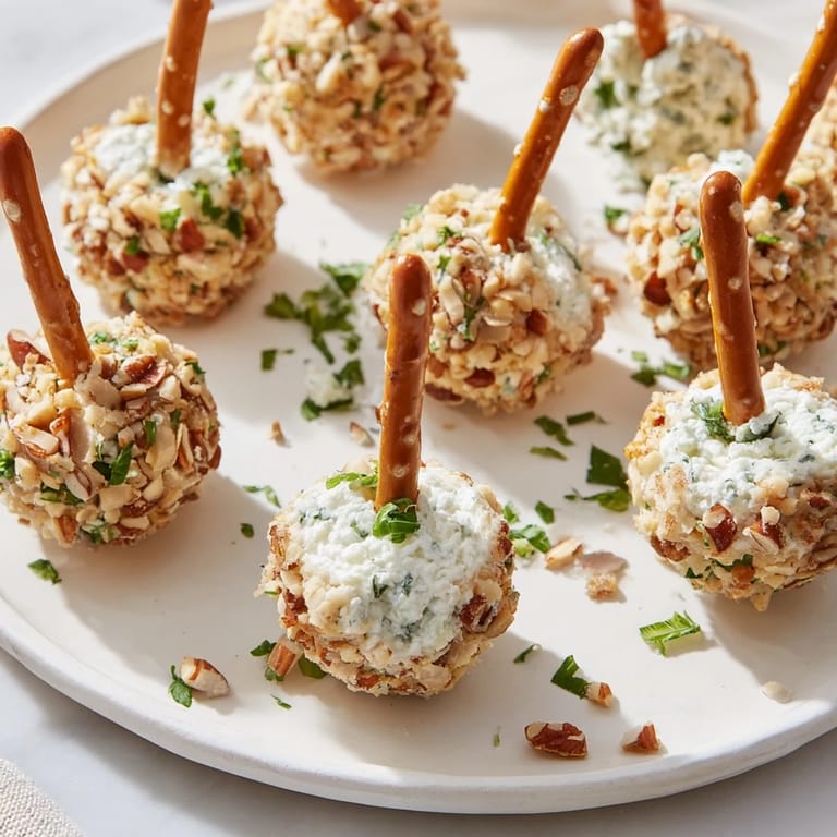 These fall savory acorn cheese ball bites, a festive appetizer adorned with pretzel "stems," look delicious!