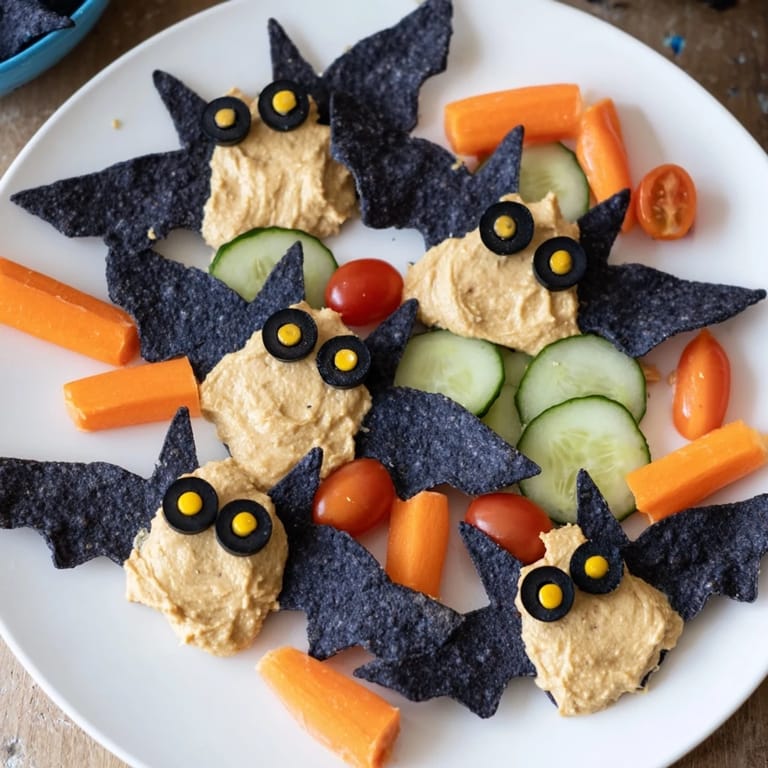 A colorful Spooky Bat Bean Dip Platter with vibrant veggies and crisp tortilla chips, ready to enjoy.
