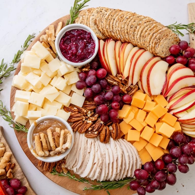 Delicious Turkey Cheese and Cracker Board appetizer spread, perfect for Thanksgiving, offering variety.