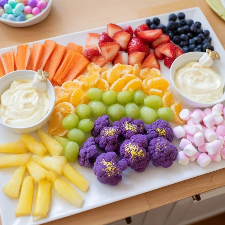 A festive party platter with a Magical Unicorn Rainbow Snack Board, perfect for snack time excitement.
